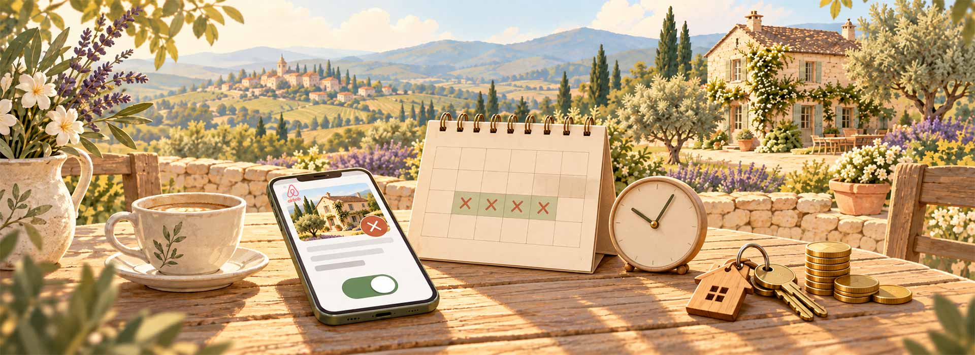 Un téléphone affichant une réservation annulée et un interrupteur d'option, à côté d'un calendrier barré, d'une horloge et de pièces, symboles de l'annulation prolongée d'Airbnb